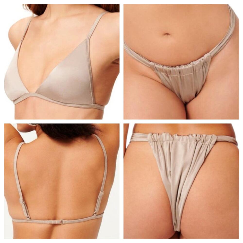 Good American Mink Shine R/C Banded Tri Bra and Ruched Bottom Bikini Set Size 3